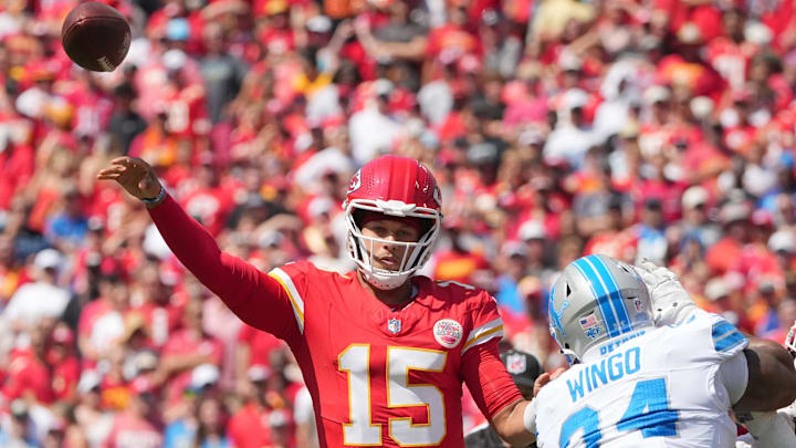 Aug 17, 2024; Kansas City, Missouri, USA; Kansas City Chiefs quarterback Patrick Mahomes (15) throws a pass against the Detroit Lions during the first half at GEHA Field at Arrowhead Stadium. Mandatory Credit: Denny Medley-Imagn Images Aug 17, 2024; Kansas City, Missouri, USA; Kansas City Chiefs quarterback Patrick Mahomes (15) throws a pass against the Detroit Lions during the first half at GEHA Field at Arrowhead Stadium. Mandatory Credit: Denny Medley-Imagn Images