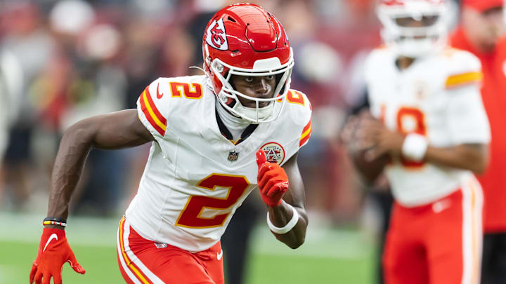 Aug 9, 2025; Glendale, Arizona, USA; Kansas City Chiefs wide receiver Tyquan Thornton (2) against the Arizona Cardinals during a preseason NFL game at State Farm Stadium. Mandatory Credit: Mark J. Rebilas-Imagn Images