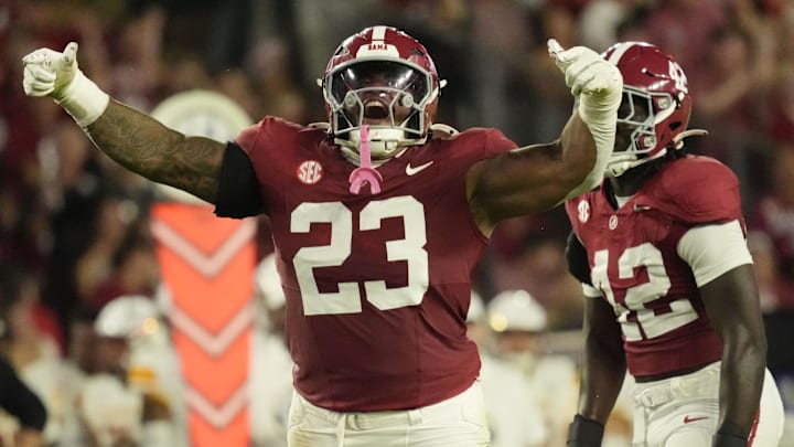 Sep 6, 2025; Tuscaloosa, Alabama, USA;  Alabama defensive lineman James Smith (23) celebrates after making a tackle for a loss against UL Monroe at Saban Field at Bryant-Denny Stadium.