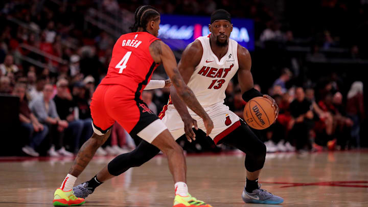 Dec 29, 2024; Houston, Texas, USA; Miami Heat center Bam Adebayo (13) handles the ball against Houston Rockets guard Jalen Green (4) during the third quarter at Toyota Center. Mandatory Credit: Erik Williams-Imagn Images
Dec 29, 2024; Houston, Texas, USA; Miami Heat center Bam Adebayo (13) handles the ball against Houston Rockets guard Jalen Green (4) during the third quarter at Toyota Center. Mandatory Credit: Erik Williams-Imagn Images