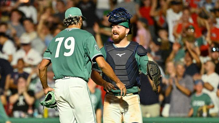 Aug 7, 2026; Boston, Massachusetts, USA; Boston Red Sox pitcher Raymond Burgos (79) and catcher Jake Rogers (46) react after defeating the Athletics at Fenway Park. Mandatory Credit: Eric Canha-Imagn Images Aug 7, 2026; Boston, Massachusetts, USA; Boston Red Sox pitcher Raymond Burgos (79) and catcher Jake Rogers (46) react after defeating the Athletics at Fenway Park. Mandatory Credit: Eric Canha-Imagn Images