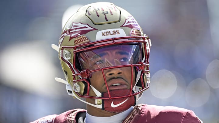 Oct 11, 2025; Tallahassee, Florida, USA; Florida State Seminoles quarterback Thomas Castellanos (1) before the game against the Pittsburgh Panthers at Doak S. Campbell Stadium. Mandatory Credit: Melina Myers-Imagn Images