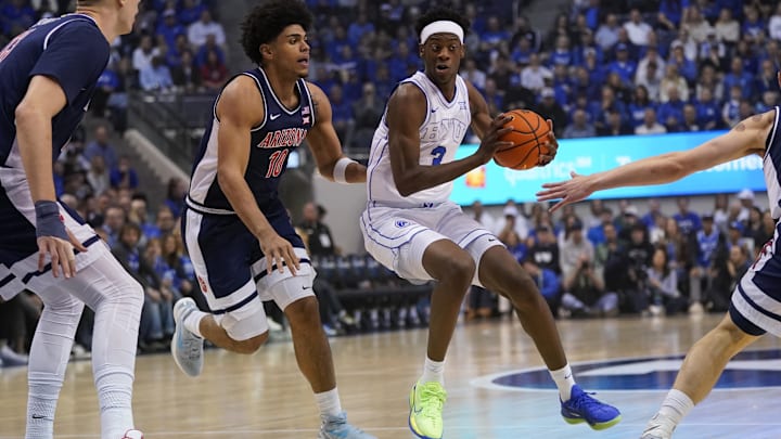 Jan 26, 2026; Provo, Utah, USA; BYU Cougars forward AJ Dybantsa (3) controls the ball while being defended by Arizona Wildcats forward Koa Peat (10) during the first half at Marriott Center. Mandatory Credit: Aaron Baker-Imagn Images Jan 26, 2026; Provo, Utah, USA; BYU Cougars forward AJ Dybantsa (3) controls the ball while being defended by Arizona Wildcats forward Koa Peat (10) during the first half at Marriott Center. Mandatory Credit: Aaron Baker-Imagn Images
