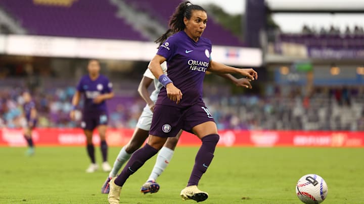 Nov 2, 2024; Orlando, Florida, USA; Orlando Pride forward Marta (10) plays the ball in the first half against Seattle Reign FC at Inter&Co Stadium. Mandatory Credit: Nathan Ray Seebeck-Imagn Images