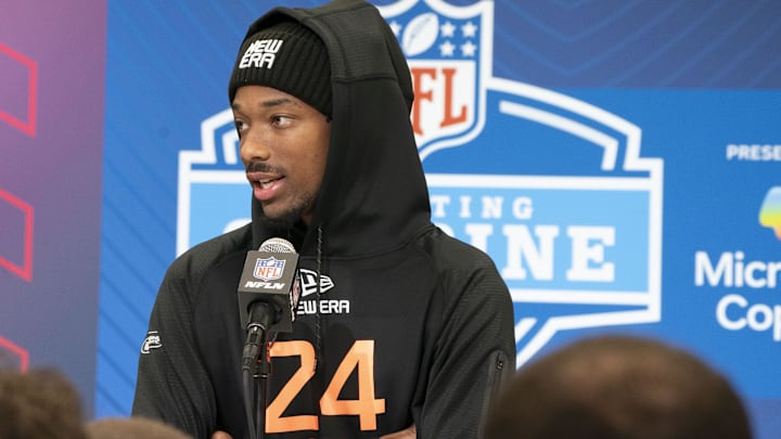 Oregon wideout Tez Johnson speaks during a press conference during the 2025 NFL Combine.