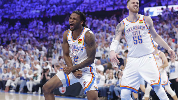Apr 20, 2025; Oklahoma City, Oklahoma, USA; Oklahoma City Thunder guard Cason Wallace (22) celebrates after scoring against the Memphis Grizzlies during the second quarter at Paycom Center. Mandatory Credit: Alonzo Adams-Imagn Images Apr 20, 2025; Oklahoma City, Oklahoma, USA; Oklahoma City Thunder guard Cason Wallace (22) celebrates after scoring against the Memphis Grizzlies during the second quarter at Paycom Center. Mandatory Credit: Alonzo Adams-Imagn Images