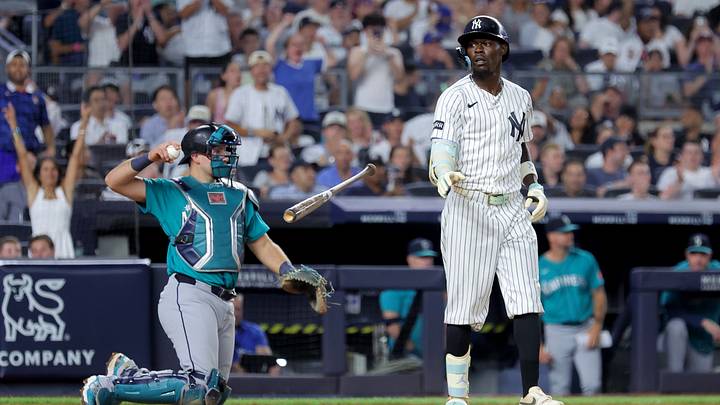 New York Yankees second baseman Jazz Chisholm Jr. (13) tosses his bat after drawing a bases loaded walk to drive in a run against the Seattle Mariners during the seventh inning at Yankee Stadium. New York Yankees second baseman Jazz Chisholm Jr. (13) tosses his bat after drawing a bases loaded walk to drive in a run against the Seattle Mariners during the seventh inning at Yankee Stadium.
