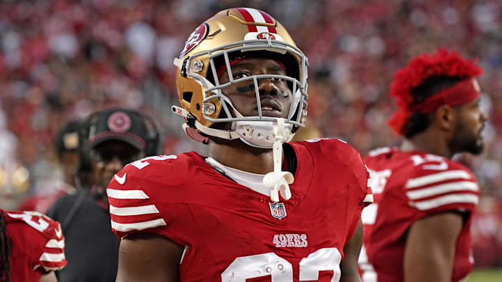 Sep 9, 2024; Santa Clara, California, USA; San Francisco 49ers running back Patrick Taylor Jr. (32) watches the action from the sideline in the third quarter against the New York Jets at Levi's Stadium.