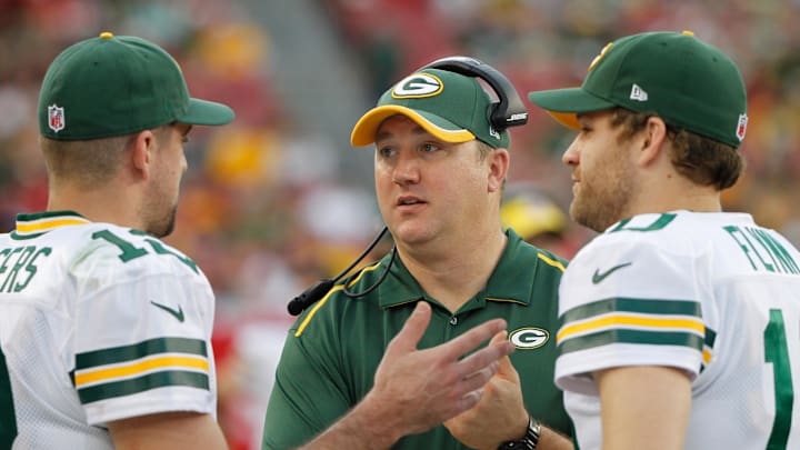 Dec 21, 2014; Tampa, FL, USA; Green Bay Packers quarterback Aaron Rodgers (12), quarterbacks coach