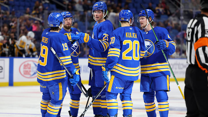 Buffalo Sabres players Peyton Krebs, Owen Power, Jiri Kulich and Bowen Byram