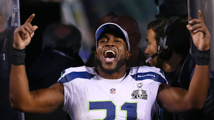 Feb 2, 2014; East Rutherford, NJ, USA; Seattle Seahawks strong safety Kam Chancellor (31) celebrates winning Super Bowl XLVIII at MetLife Stadium. 
