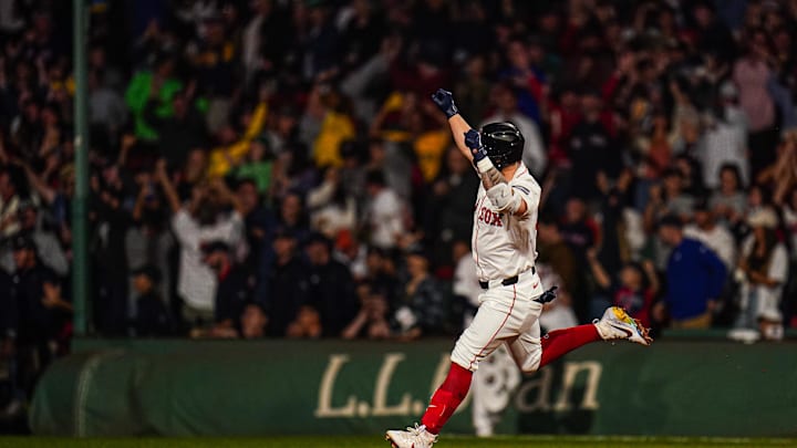 Sep 11, 2024; Boston, Massachusetts, USA; Boston Red Sox left fielder Tyler O'Neill (17) his a three run home run to win the game against the Baltimore Orioles in ten innings at Fenway Park. Sep 11, 2024; Boston, Massachusetts, USA; Boston Red Sox left fielder Tyler O'Neill (17) his a three run home run to win the game against the Baltimore Orioles in ten innings at Fenway Park.