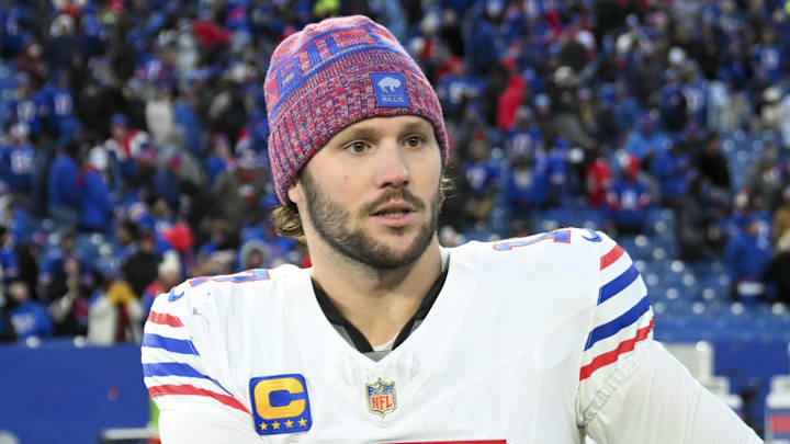 Nov 16, 2025; Orchard Park, New York, USA;  Buffalo Bills quarterback Josh Allen (17) after the game against the Tampa Bay Buccaneers at Highmark Stadium
