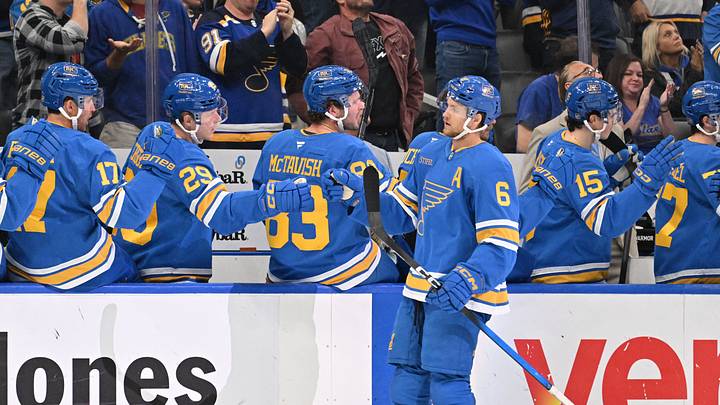 Oct 20, 2026; St. Louis, Missouri, USA; St. Louis Blues defenseman Philip Broberg (6) is congratulated by teammates after scoring against the Winnipeg Jets during the third period at Enterprise Center. Mandatory Credit: Jeff Le-Imagn Images Oct 20, 2026; St. Louis, Missouri, USA; St. Louis Blues defenseman Philip Broberg (6) is congratulated by teammates after scoring against the Winnipeg Jets during the third period at Enterprise Center. Mandatory Credit: Jeff Le-Imagn Images