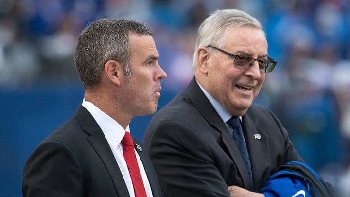 Buffalo Bills general manager Brandon Beane (left) and owner Terry Pegula on the field before a game against the Houston Texans at Highmark Stadium.