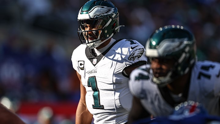 Oct 20, 2024; East Rutherford, New Jersey, USA; Philadelphia Eagles quarterback Jalen Hurts (1) signals before a snap during the second half against the New York Giants at MetLife Stadium. Mandatory Credit: Vincent Carchietta-Imagn Images Oct 20, 2024; East Rutherford, New Jersey, USA; Philadelphia Eagles quarterback Jalen Hurts (1) signals before a snap during the second half against the New York Giants at MetLife Stadium. Mandatory Credit: Vincent Carchietta-Imagn Images