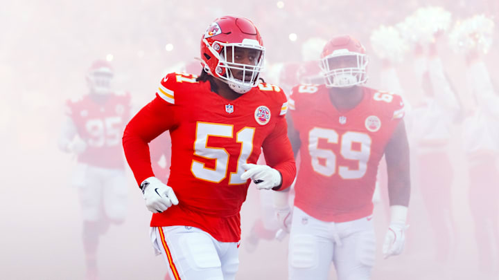 Jan 26, 2025; Kansas City, MO, USA; Kansas City Chiefs defensive end Mike Danna (51) against the Buffalo Bills in the AFC Championship game at GEHA Field at Arrowhead Stadium. Mandatory Credit: Mark J. Rebilas-Imagn Images