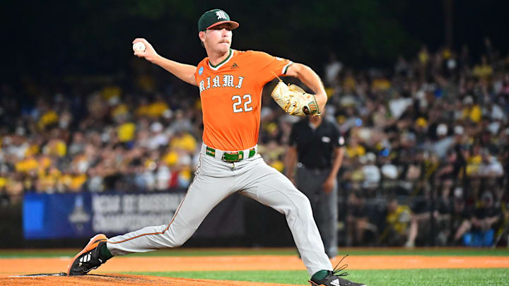 Miami pitcher Reese Lumpkin throws during an NCAA Regional game against Southern Mississippi on June 2 at Pete Taylor Park.
