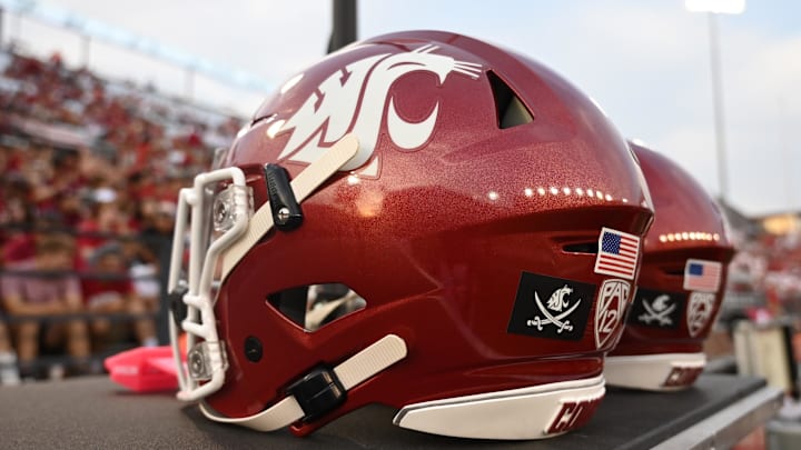 Sep 7, 2024; Pullman, Washington, USA; A pirate flag on the back of Washington State Cougars helmet in memory of Mike Leach during a game against the Texas Tech Red Raiders in the first half at Gesa Field at Martin Stadium. Mandatory Credit: James Snook-Imagn Images