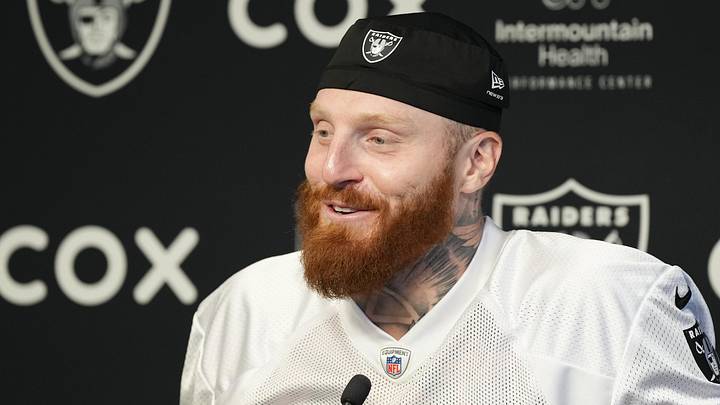 Las Vegas Raiders defensive end Maxx Crosby speaks during a news conference during organized team activities.