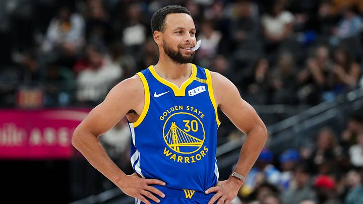 Oct 13, 2026; Las Vegas, Nevada, USA;  Golden State Warriors guard Stephen Curry (30) looks on against the Los Angeles Lakers in the third quarter at T-Mobile Arena.  Mandatory Credit: Candice Ward-Imagn Images