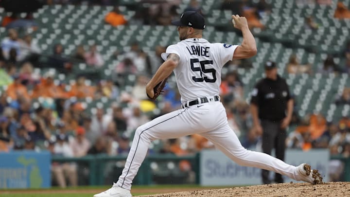 Detroit Tigers relief pitcher Alex Lange (55) pitches in a reguar season contest in 2022.