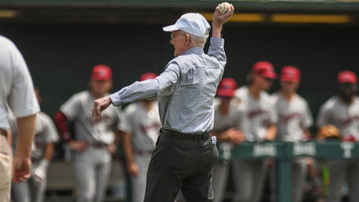 Jim Worthington, the oldest living Tennessee baseball alum, throws the first pitch before a NCAA baseball game at Lindsey Nelson Stadium on Saturday, May 18, 2024. Tennessee won 4-1 against South Carolina.