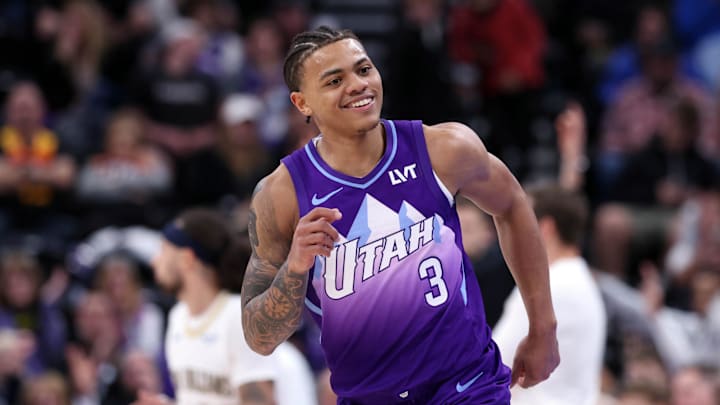 Mar 2, 2025; Salt Lake City, Utah, USA; Utah Jazz guard Keyonte George reacts to a shot against the New Orleans Pelicans during the second half at Delta Center. Mandatory Credit: Rob Gray-Imagn Images