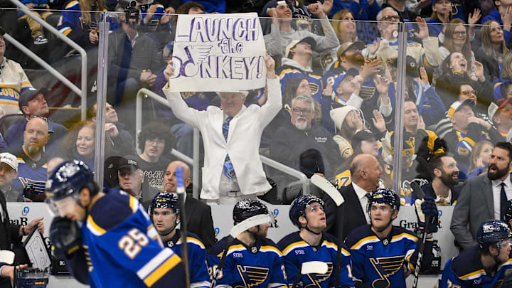 Apr 3, 2025; St. Louis, Missouri, USA; St. Louis Blues fans holds up a sign during the second period against the Pittsburgh Penguins at Enterprise Center. Mandatory Credit: Jeff Curry-Imagn Images Apr 3, 2025; St. Louis, Missouri, USA; St. Louis Blues fans holds up a sign during the second period against the Pittsburgh Penguins at Enterprise Center. Mandatory Credit: Jeff Curry-Imagn Images