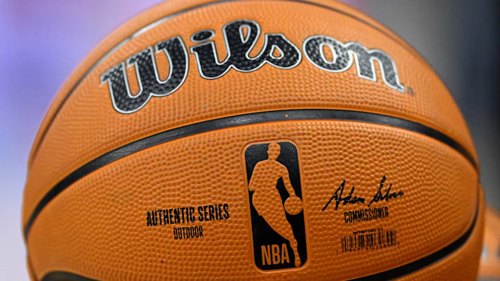 Mar 3, 2026; Cleveland, Ohio, USA; A general view of an NBA basketball in the third quarter of a game between the Detroit Pistons and the Cleveland Cavaliers at Rocket Arena. Mandatory Credit: David Richard-Imagn Images