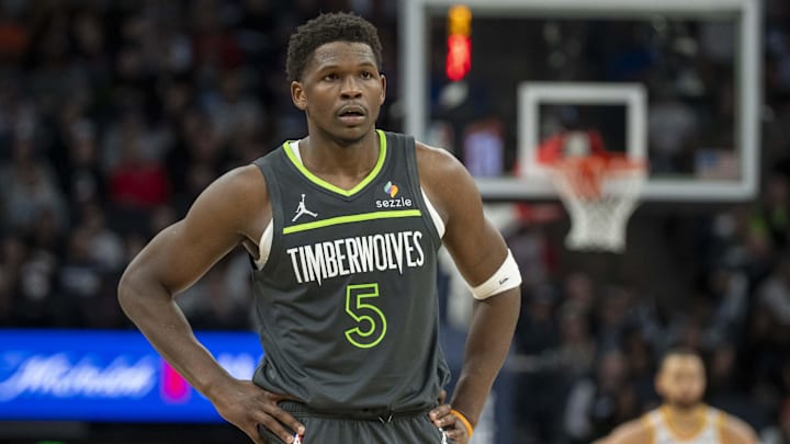 Jan 15, 2025; Minneapolis, Minnesota, USA; Minnesota Timberwolves guard Anthony Edwards (5) looks on against the Golden State Warriors in the second half at Target Center. Jan 15, 2025; Minneapolis, Minnesota, USA; Minnesota Timberwolves guard Anthony Edwards (5) looks on against the Golden State Warriors in the second half at Target Center.