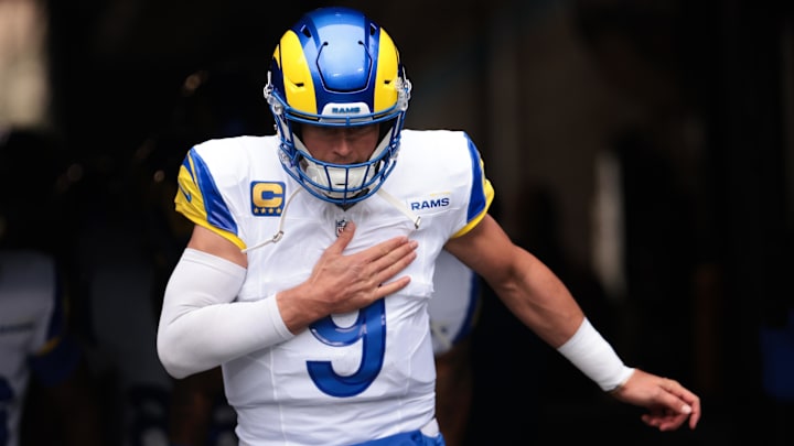 Nov 30, 2025; Charlotte, North Carolina, USA; Los Angeles Rams quarterback Matthew Stafford (9) takes the field before the game against the Carolina Panthers at Bank of America Stadium. Mandatory Credit: Scott Kinser-Imagn Images