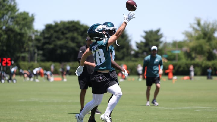 May 30, 2024; Philadelphia, PA, USA; Philadelphia Eagles wide receiver Britain Covey (18) makes a catch during practice at NovaCare Complex. Bill Streicher-USA TODAY Sports