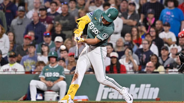 Aug 1, 2025; Boston, Massachusetts, USA; Boston Red Sox left fielder Roman Anthony (19) hits a game winning RBI against the Houston Astros during the tenth inning inning at Fenway Park. Mandatory Credit: Eric Canha-Imagn Images Aug 1, 2025; Boston, Massachusetts, USA; Boston Red Sox left fielder Roman Anthony (19) hits a game winning RBI against the Houston Astros during the tenth inning inning at Fenway Park. Mandatory Credit: Eric Canha-Imagn Images