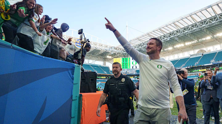 Oregon head coach Dan Lanning walks off the field as the Oregon Ducks take on the Texas Tech Red Raiders in the Orange Bowl on Jan. 1, 2026, at Hard Rock Stadium in Miami, Florida.