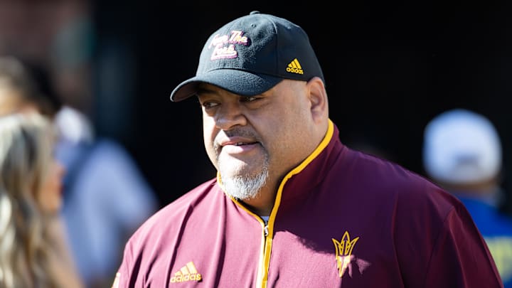 Nov 30, 2024; Tucson, Arizona, USA; Arizona State Sun Devils offensive line coach Saga Tuitele against the Arizona Wildcats during the Territorial Cup at Arizona Stadium. Mandatory Credit: Mark J. Rebilas-Imagn Images Nov 30, 2024; Tucson, Arizona, USA; Arizona State Sun Devils offensive line coach Saga Tuitele against the Arizona Wildcats during the Territorial Cup at Arizona Stadium. Mandatory Credit: Mark J. Rebilas-Imagn Images