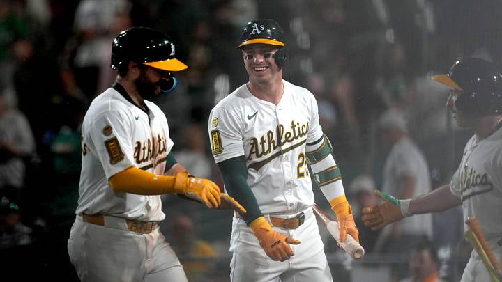 Sep 24, 2025; West Sacramento, California, USA; Athletics catcher Shea Langeliers (23) is congratulated by Athletics designated hitter Brent Rooker (25) after hitting a home run against the Houston Astros in the seventh inning at Sutter Health Park. Mandatory Credit: Cary Edmondson-Imagn Images Sep 24, 2025; West Sacramento, California, USA; Athletics catcher Shea Langeliers (23) is congratulated by Athletics designated hitter Brent Rooker (25) after hitting a home run against the Houston Astros in the seventh inning at Sutter Health Park. Mandatory Credit: Cary Edmondson-Imagn Images