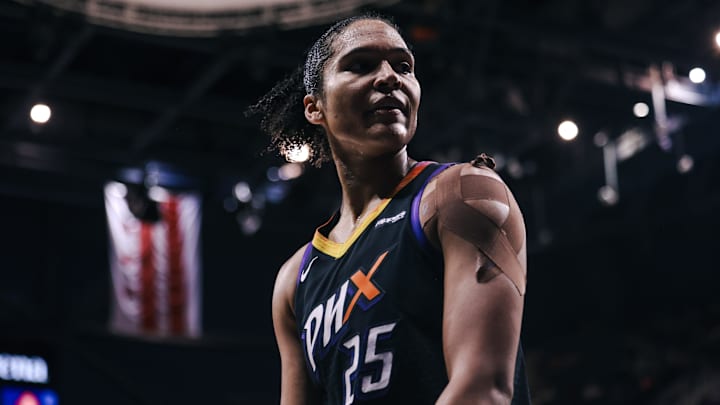 Jul 27, 2025; Washington, District of Columbia, USA; Phoenix Mercury forward Alyssa Thomas (25) reacts after a making a shot in the third quarter against the Washington Mystics at CareFirst Arena. Mandatory Credit: Emily Faith Morgan-Imagn Images
