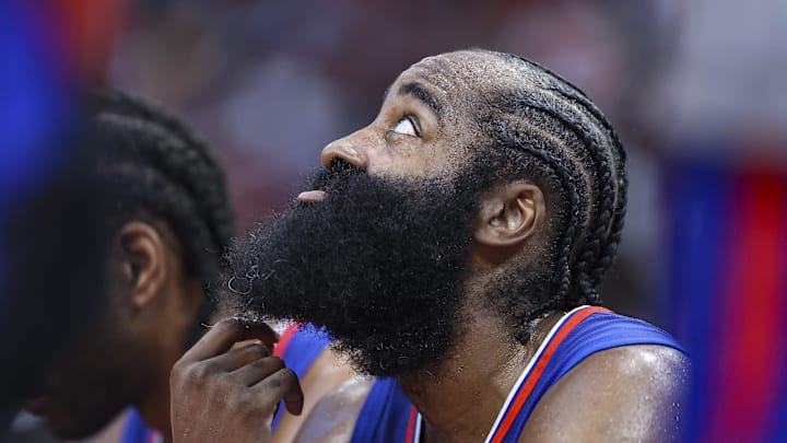 Mar 6, 2024; Houston, Texas, USA; Los Angeles Clippers guard James Harden (1) looks up from the bench during the fourth quarter against the Houston Rockets at Toyota Center. 