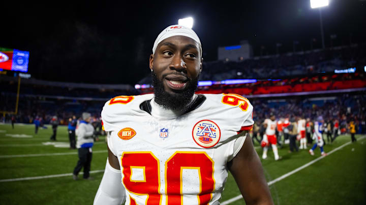 Jan 21, 2024; Orchard Park, New York, USA; Kansas City Chiefs defensive end Charles Omenihu (90) against the Buffalo Bills in the 2024 AFC divisional round game at Highmark Stadium. Mandatory Credit: Mark J. Rebilas-Imagn Images