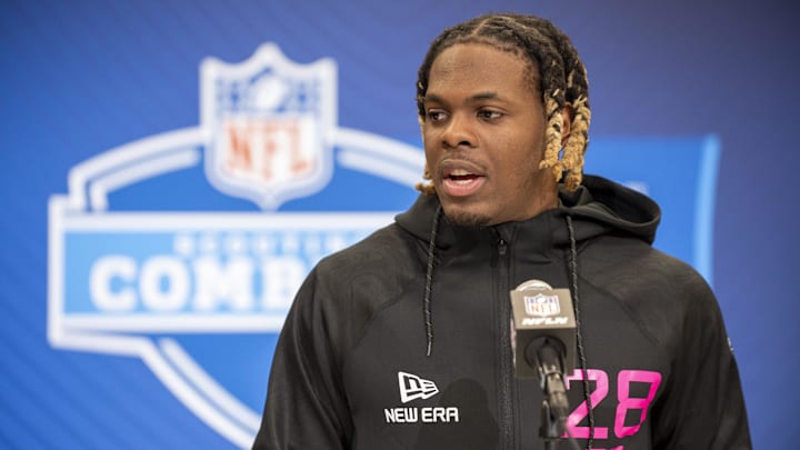 Feb 27, 2025; Indianapolis, IN, USA; Louisville defensive back Quincy Riley (DB28) during the 2025 NFL Combine at Lucas Oil Stadium.