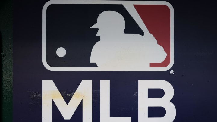 Oct 2, 2022; Washington, District of Columbia, USA; A view of the MLB logo in the dugout during the game between the Washington Nationals and the Philadelphia Phillies at Nationals Park. Mandatory Credit: Scott Taetsch-USA TODAY Sports