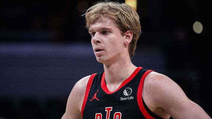 Jan 14, 2026; Indianapolis, Indiana, USA;Toronto Raptors guard/forward Gradey Dick (1) in the first half against the Indiana Pacers at Gainbridge Fieldhouse. 