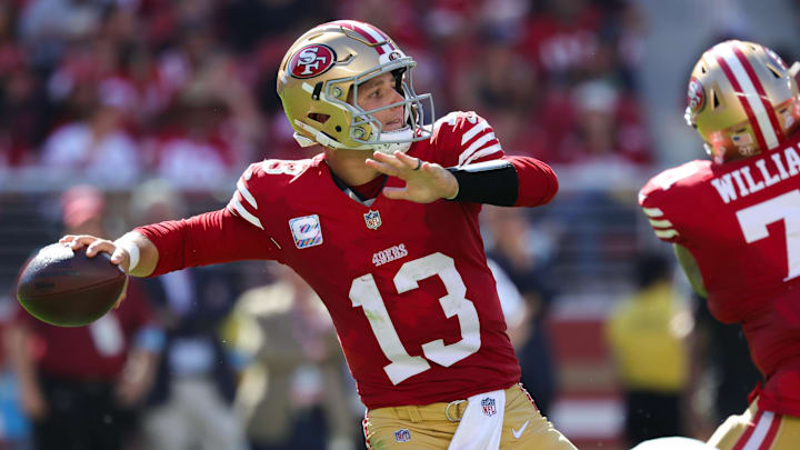 Sep 29, 2024; Santa Clara, California, USA; San Francisco 49ers quarterback Brock Purdy (13) throws a pass against the New England Patriots during the third quarter at Levi's Stadium. Mandatory Credit: Sergio Estrada-Imagn Images Sep 29, 2024; Santa Clara, California, USA; San Francisco 49ers quarterback Brock Purdy (13) throws a pass against the New England Patriots during the third quarter at Levi's Stadium. Mandatory Credit: Sergio Estrada-Imagn Images