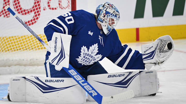 Sep 22, 2024; Toronto, Ontario, CAN;  Toronto Maple Leafs goalie Joseph Woll (60) warms up before playing the Ottawa Senators at Scotiabank Arena. Mandatory Credit: Dan Hamilton-Imagn Images