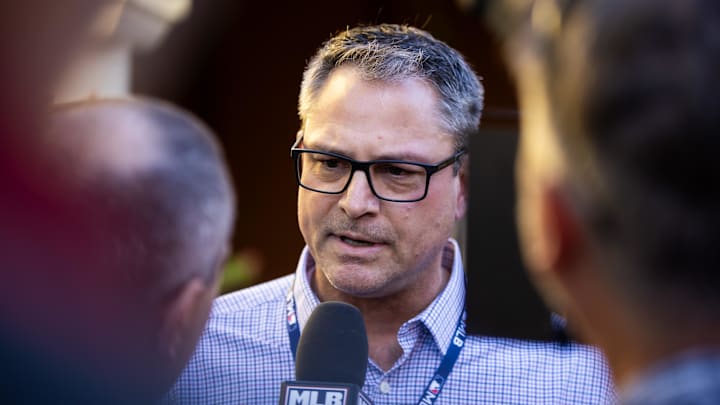 Nov 7, 2023; Scottsdale, AZ, USA; Kansas City Royals general manager J.J. Picollo speaks to the media during the MLB General Manager's Meetings at Omni Scottsdale Resort & Spa. Mandatory Credit: Mark J. Rebilas-Imagn Images Nov 7, 2023; Scottsdale, AZ, USA; Kansas City Royals general manager J.J. Picollo speaks to the media during the MLB General Manager's Meetings at Omni Scottsdale Resort & Spa. Mandatory Credit: Mark J. Rebilas-Imagn Images