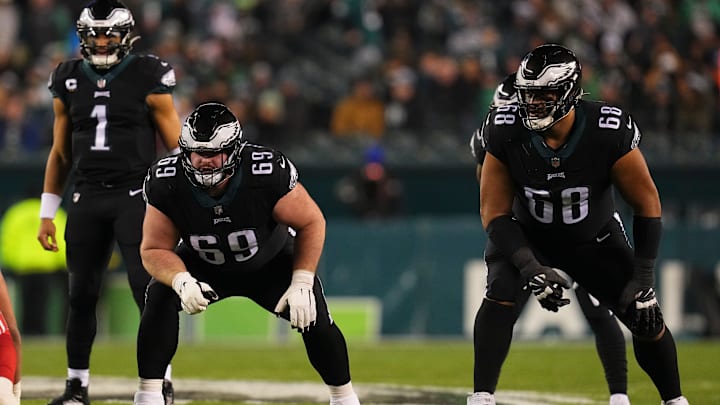 Jalen Hurts (L), Landon Dickerson (C), Jordan Mailata (R), Philadelphia Eagles