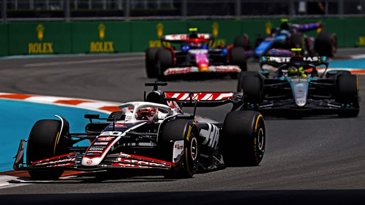 May 4, 2024; Miami Gardens, Florida, USA; Hass drive Kevin Magnussen (20) during the F1 Sprint Race at Miami International Autodrome. Mandatory Credit: Peter Casey-Imagn Images