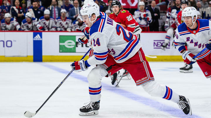 Feb 9, 2024; Chicago, Illinois, USA; New York Rangers right wing Kaapo Kakko (24) skates with the