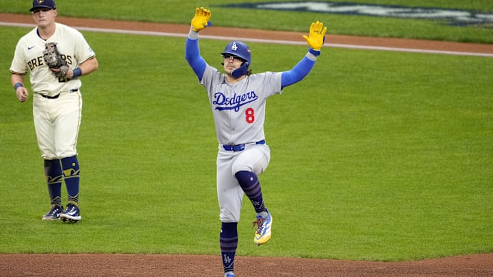 Oct 14, 2025; Milwaukee, Wisconsin, USA; Los Angeles Dodgers first baseman Enrique Hernandez (8) reacts after getting a single in the seventh inning during game two of the NLCS round for the 2025 MLB playoffs at American Family Field. Mandatory Credit: Michael McLoone-Imagn Images Oct 14, 2025; Milwaukee, Wisconsin, USA; Los Angeles Dodgers first baseman Enrique Hernandez (8) reacts after getting a single in the seventh inning during game two of the NLCS round for the 2025 MLB playoffs at American Family Field. Mandatory Credit: Michael McLoone-Imagn Images